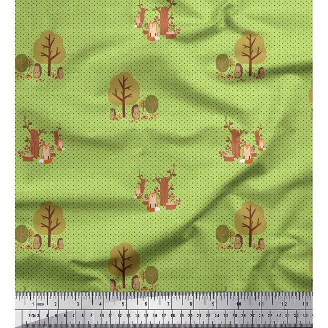 Soimoi Green Modal Satin Fabric Tree & Animals Dots Print Fabric by the Yard 42 Inch Wide
