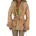 thumbnail image 3 of Women's Faux Leather Jacket with Faux Fur Collar, Winter Long Sleeve Furry Trim Peplum Parka Coat with Belt Brown L, 3 of 8