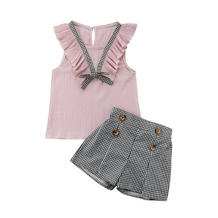 

Sunisery 2Pcs Infant Baby Girls Clothes Outfits Ruffle Sleeveless Bow Tie Tops Plaid Print Button Shorts Pink 4-5 Years