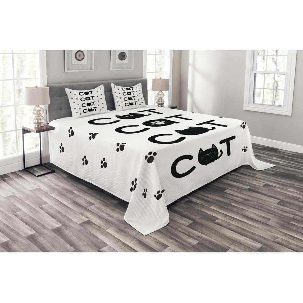 Kitty Bedspread Set Queen Size, Cat Text out of Round Shaped Cute Cats