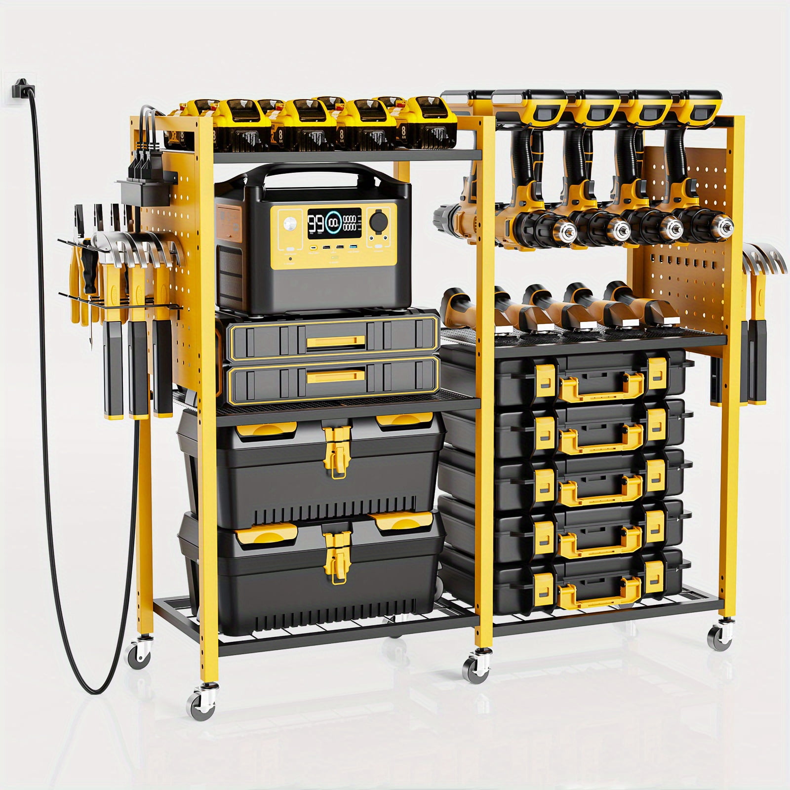 VEVOR 4-Tier Tool Organizer Cart With Charging Station – 8 Outlets, Rolling Drill Holder & Battery Storage Rack For Garage/Workshop