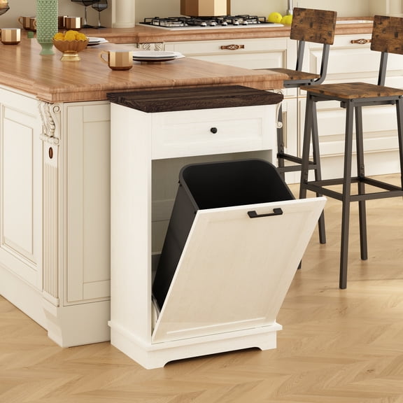 Leumius Tilt Out Trash Cabinet,10 Gallon Freestanding Trash Bin Cabinet with Drawer,Wood Garbage Recycling Cabinet for Kitchen Living Room,White