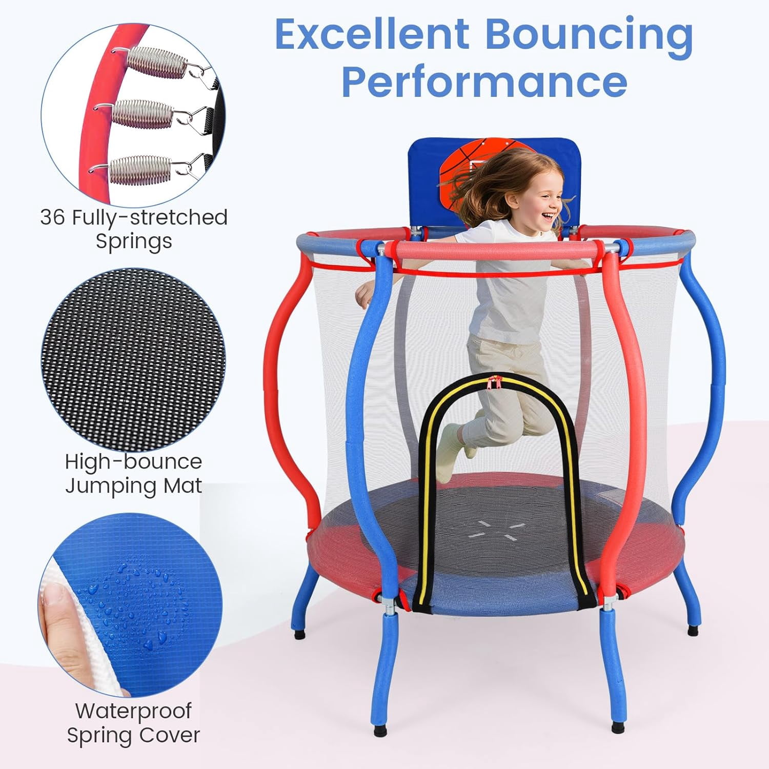 OLAKIDS 48" Trampoline for Kids, Outdoor Indoor Toddler Trampoline with Safety Enclosure Net Basketball Hoop Anti-Slip Foot Pads Zippered Door, Baby Recreational Trampolines Gift for Backyard