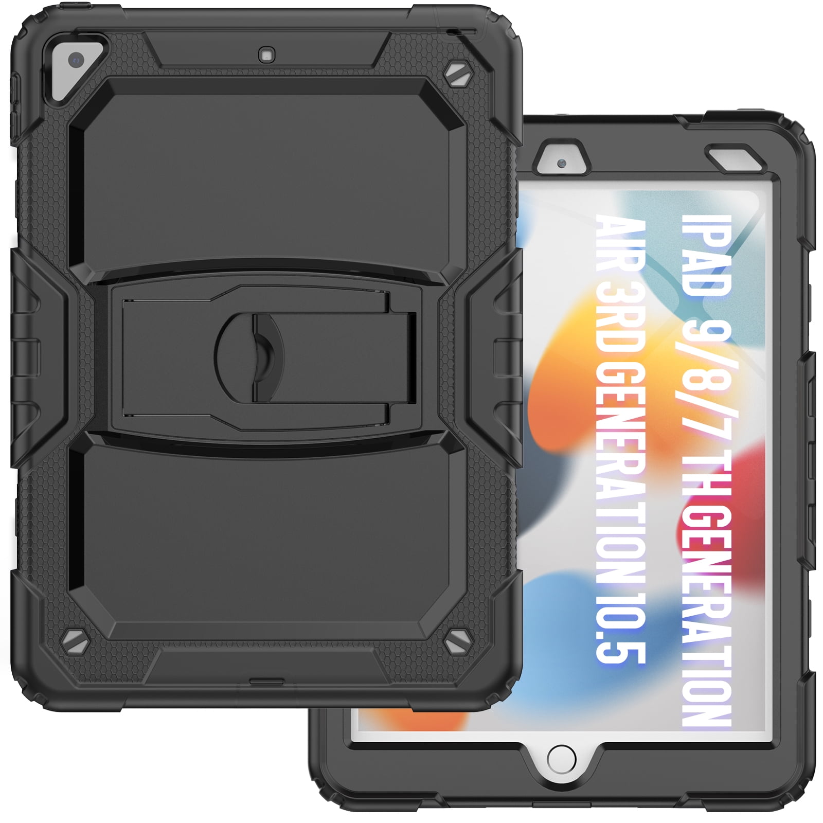 ELEHOLD for iPad Pro 10.5" 2019/2017 Ragged Case, Soft Silicone Hard PC Shoulder Strap Built-Kickstand Anti-Drop Shockproof Heavy Duty Protective Cover Case,Black
