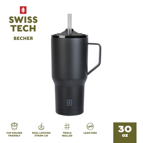 Swiss Tech Becher Black 30oz Water Bottle with Handle, Triple-Wall Copper Lined, Leak Proof