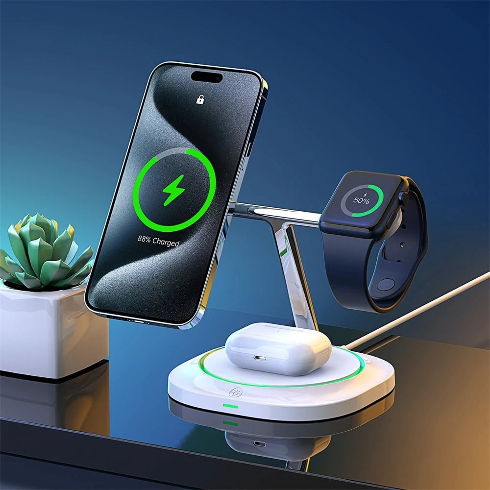 3 in 1 15W Magnetic Wireless Charging Blocks for Smartphones Smartwatches & Earbuds Desk Charging Station-White