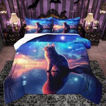 Homewish Cute Cat Kitten Bedding Comforter Set,Galaxy Starry Night Twin Comforter Sets,Blue Orange Bedding Set For Men Women,Ultra Soft Home Decor Reversible,2-Piece