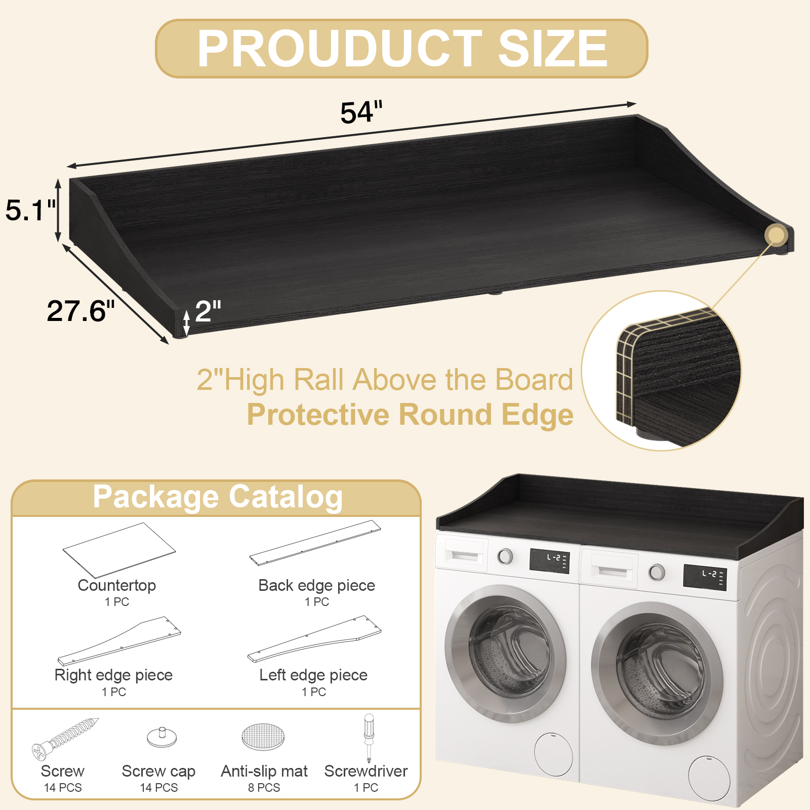 Tarnorci 54"Washer Dryer Countertop with Side Edge for Laundry Room Organization