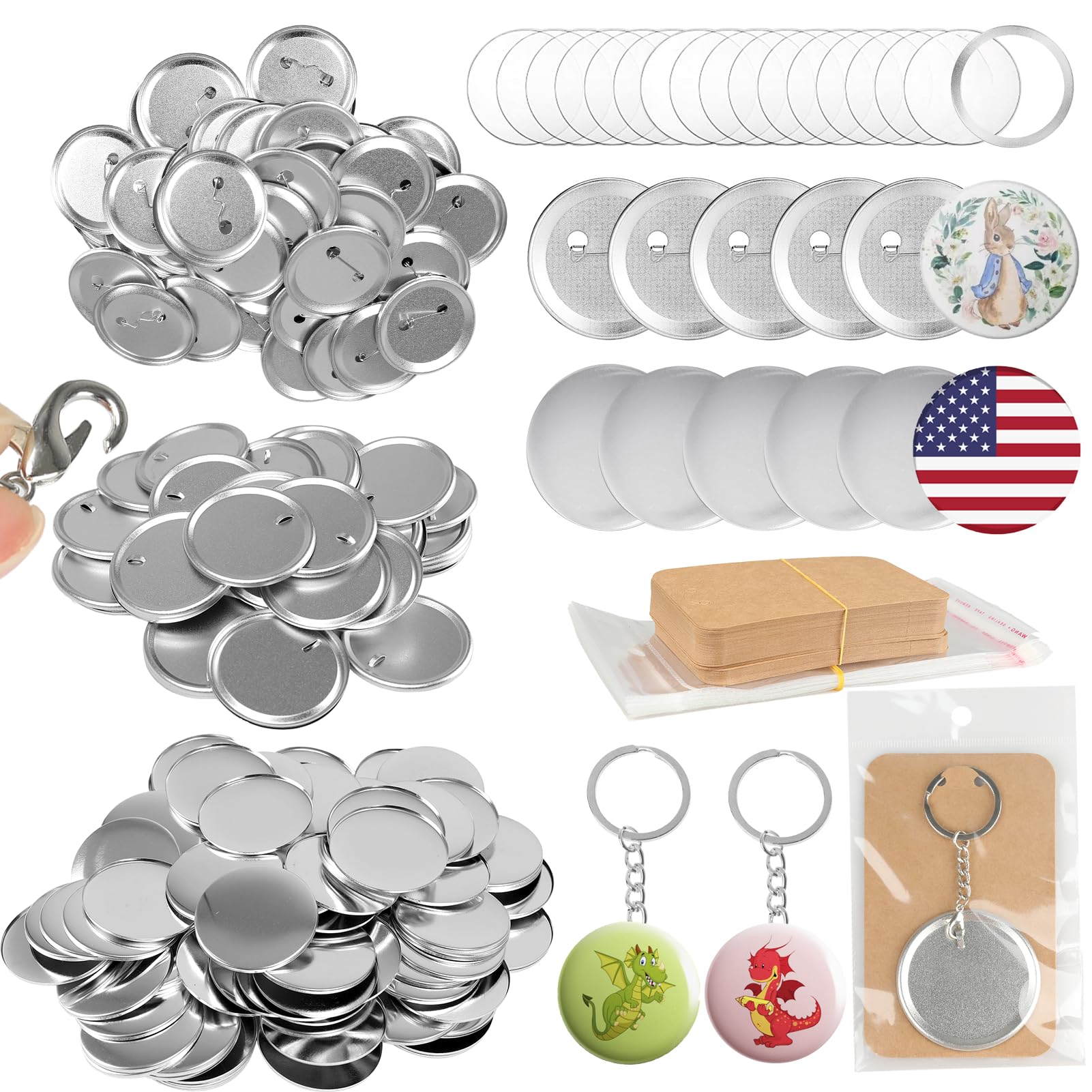 100 Sets (50 Sets pin+50 Sets Keychain) 58mm/2.25 inch Button Maker Supplies, Keychain Pins Metal Round Badge Button Parts Making Kit for Button Maker Machine with Metal Cover DIY Gifts