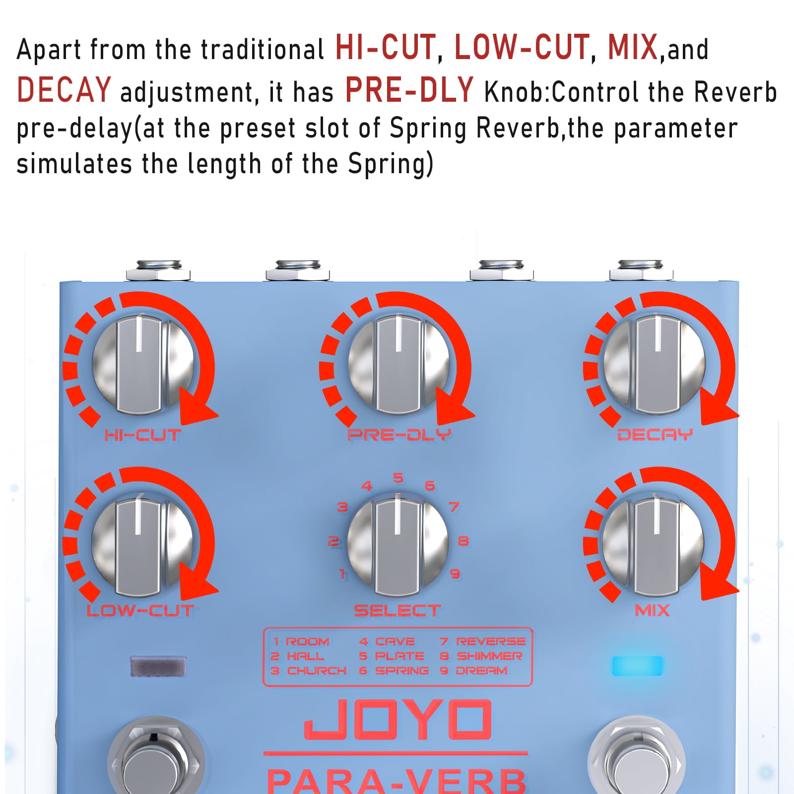 JOYO Reverb Guitar Pedal Digital Stereo 9 Reverb Effects Infinite & Trail Functions for Electric Guitar