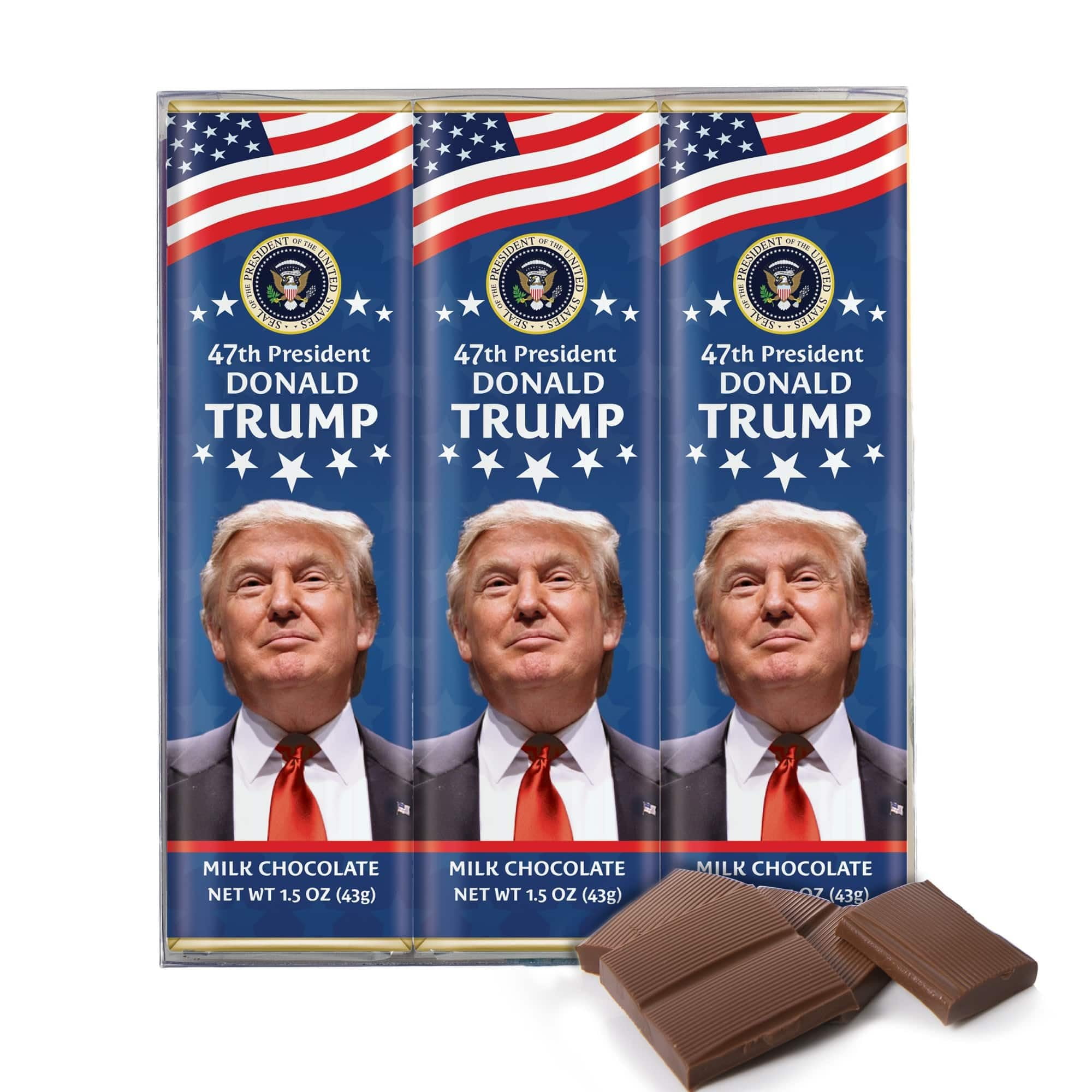 President Trump Milk Chocolate Bar - 47th Presidential Collection - Hand-Wrapped Sweet Treats Gift Pack - Trump 47 Election Party Choco Snack Bars & Merchandise - 1.75 oz each - 3 Bars Pack