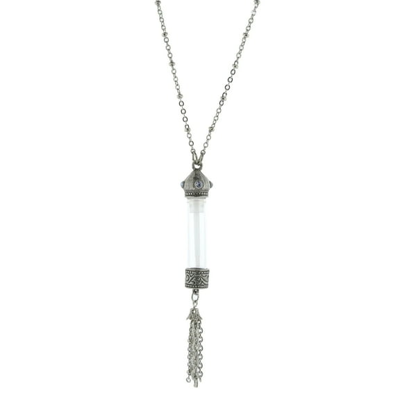 1928 Jewelry Glass Vial With Blue Crystal Stone Tassel Pendant Necklace For Women 30 Inches