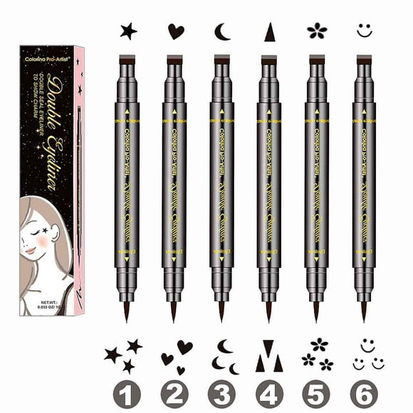 6 Pcs Liquid Eyeliner Stamp Set Double-Headed Black Eye Liner Pen Tattoo Tool Waterproof & Smudgeproof for Women Girls Eye Makeup Stamp-Star,Moon,Heart,Flower,Smiley,Triangle