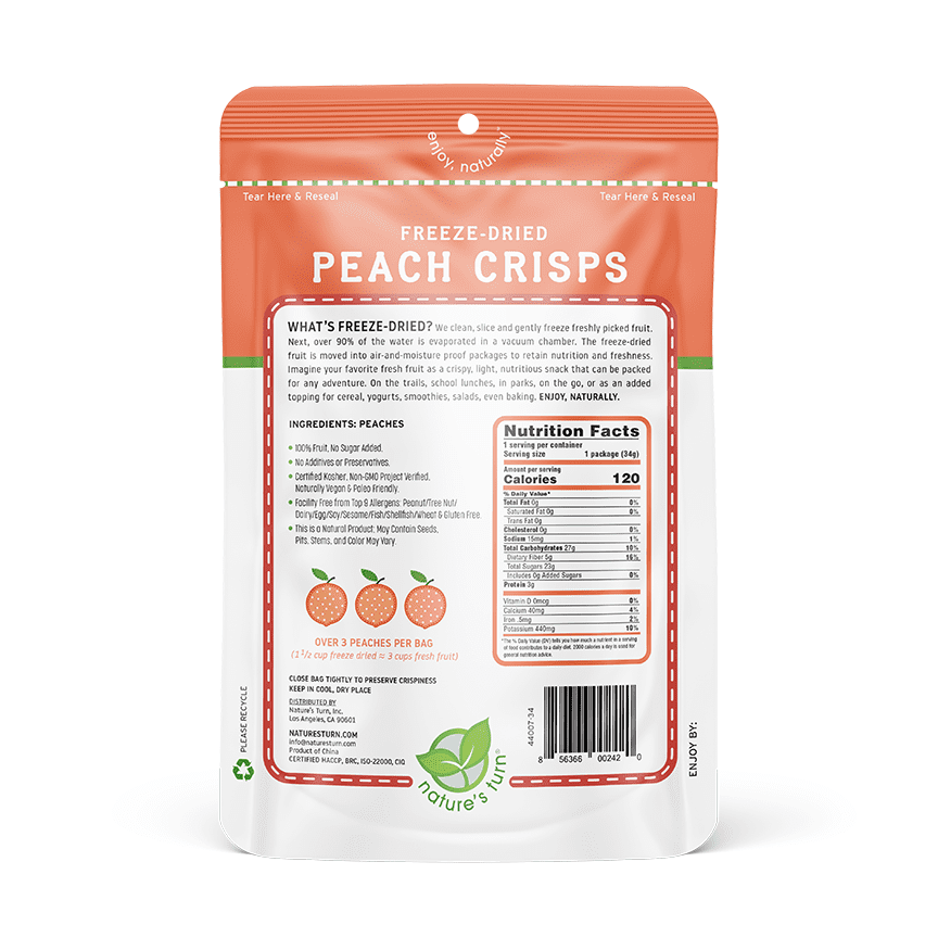 Nature's Turn Freeze-Dried Peach Crisps, No Added Sugar, Healthy Natural Fruit Crisp Snack for School Lunches, 6 Pack (1.2 oz Each)