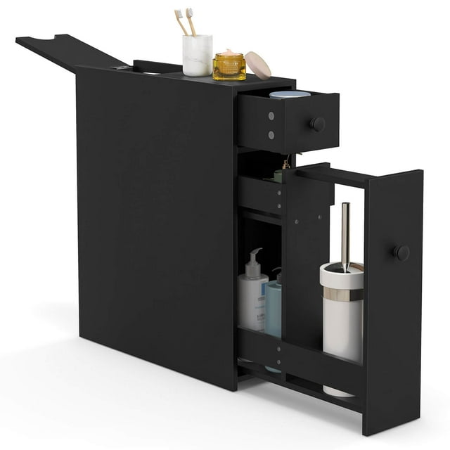 Costway Armoire de Salle de Bain Étroite avec Rangement et Dessus Rabattable Noir