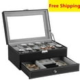 thumbnail image 1 of 2 Tiers Mens Watch Box Case with Jewelry Display Drawer and Glass Top, Lockable Leather Watch Storage Organizer, 1 of 8