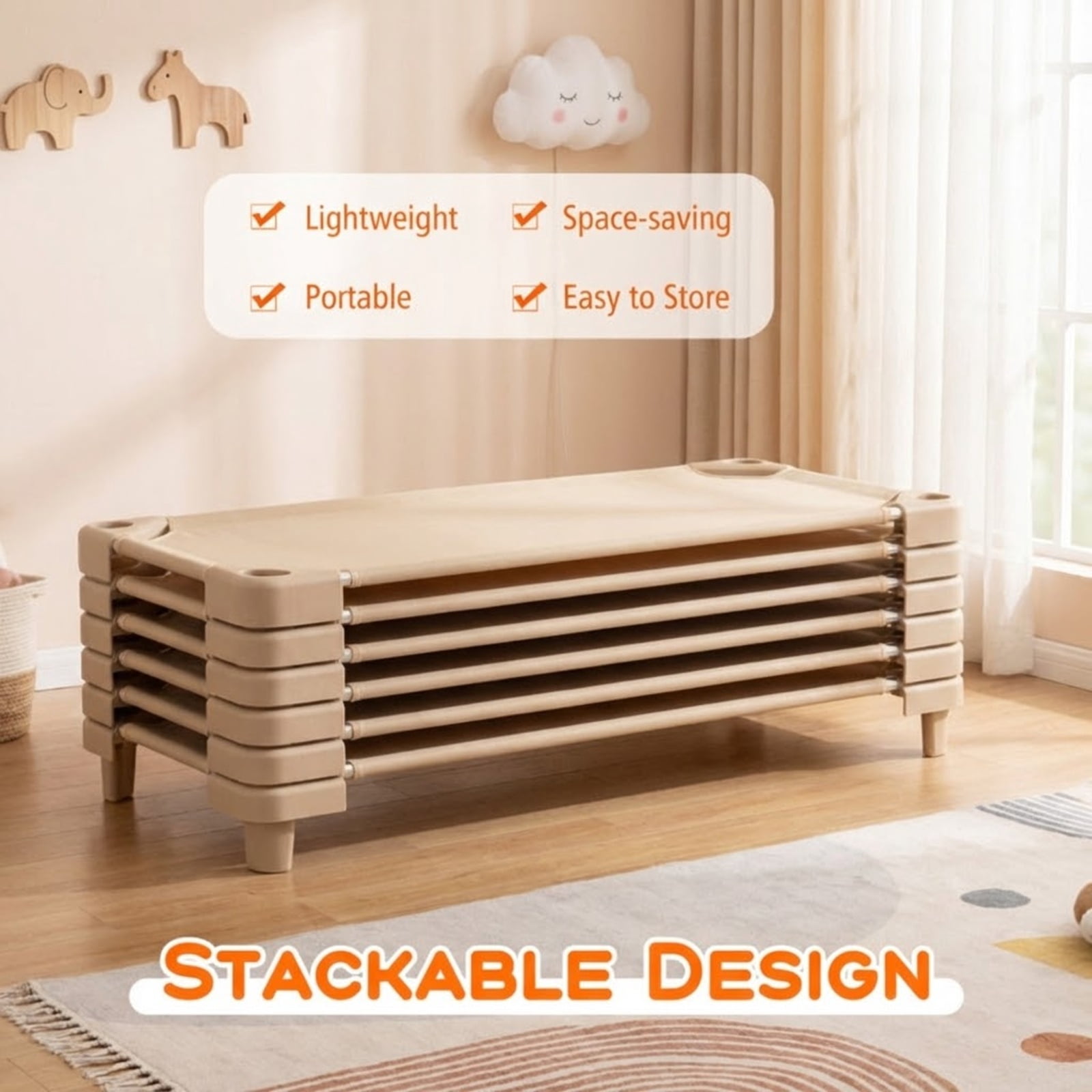 Furnibear Toddler Bed Kids Stackable Daycare Cot Pack of 6 with Detachable Oxford Cloth, Coffee