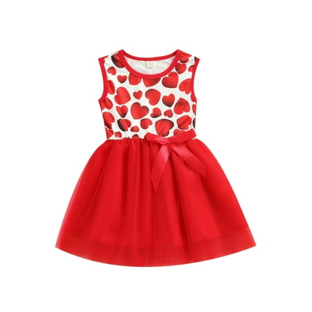 

EYIIYE Valentines Little Girls Summer Dress Heart Print Sleeveless Cozy O-Neck One-Piece High Waist Princess Dress 2-7 Years