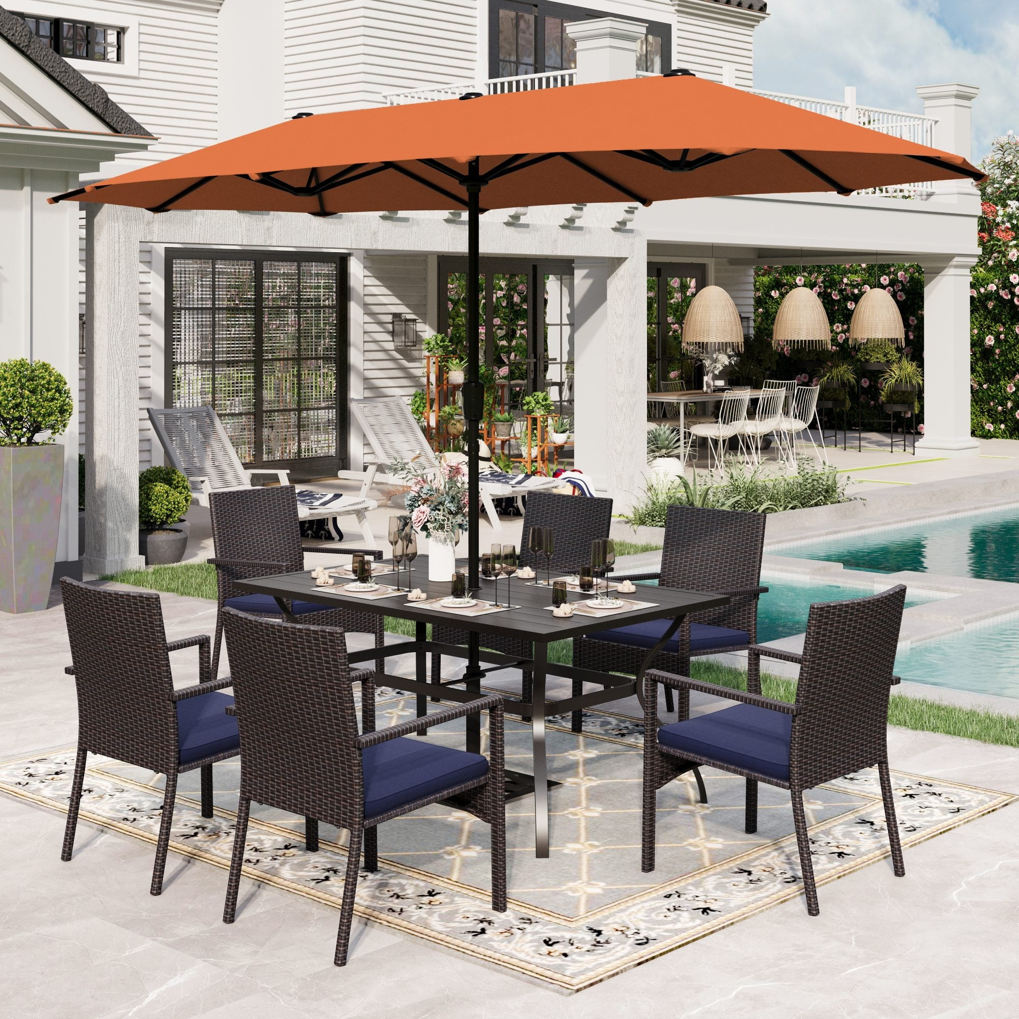 MF Studio 8 Piece All Weather Patio Dining Set with 13ft Umbrella Six Swivel Cushioned Chairs Black Beige Walmart