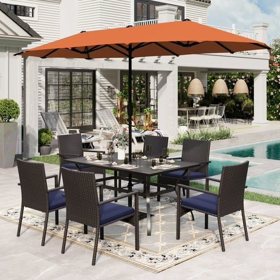 Alpha Joy 8 Pieces Outdoor Patio Dining Set with Rattan Chairs, Metal Table & 13 ft Red Umbrella for 6