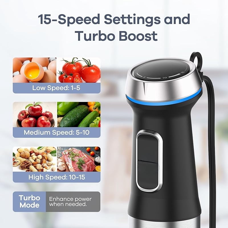 Immersion Blender Handheld, 6 in 1 Hand Blender Stainless Steel Blade, 15 Speed Stick Blenders Electric, 800ml Mixing Beaker, 600ml Chopper, Whisk, Frother, Potato Masher