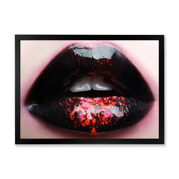 Designart 'Plump Woman Lips With Pink and Black' Modern Framed Art Print