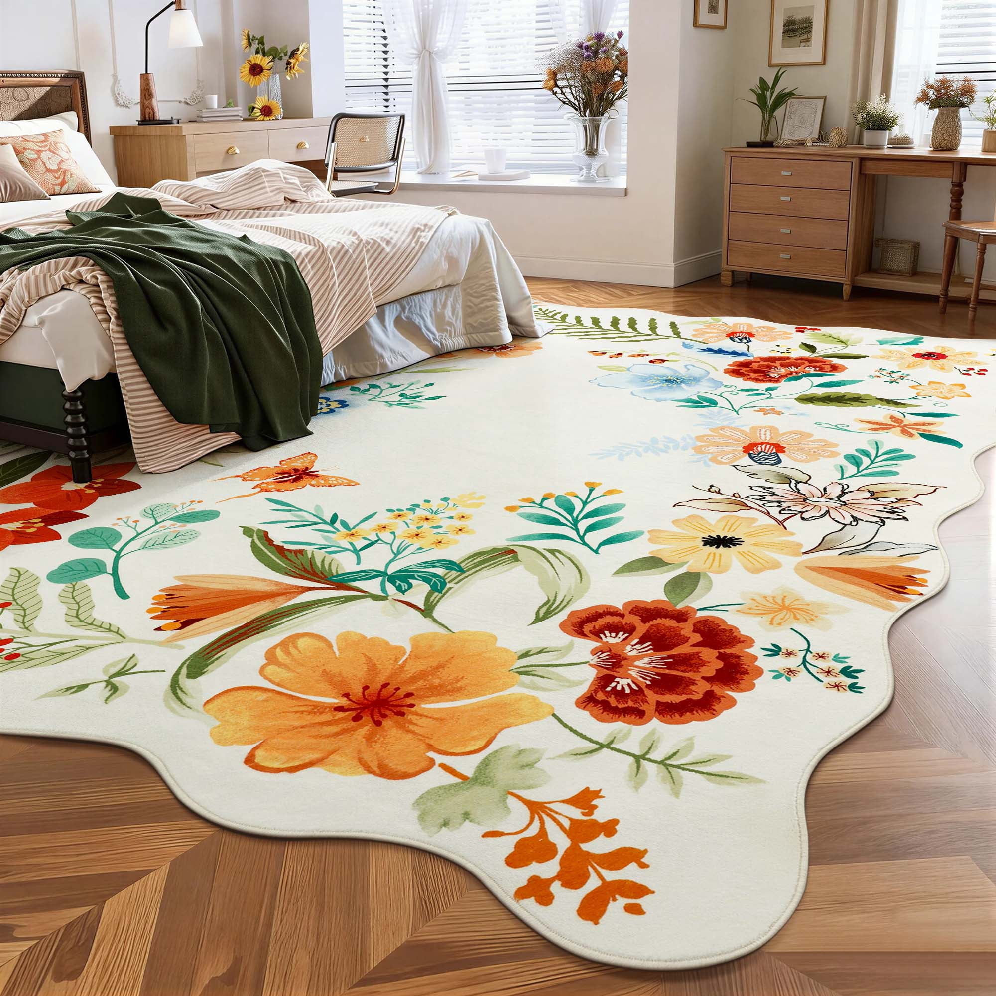 Carvapet 5'x7' Floral Living Room Rugs, Ultra-Thin Soft Area Rugs for Bedroom, Non-Slip Washable Boho Rug Low-Pile Throw mat for ‎Dining Room Office, Beige