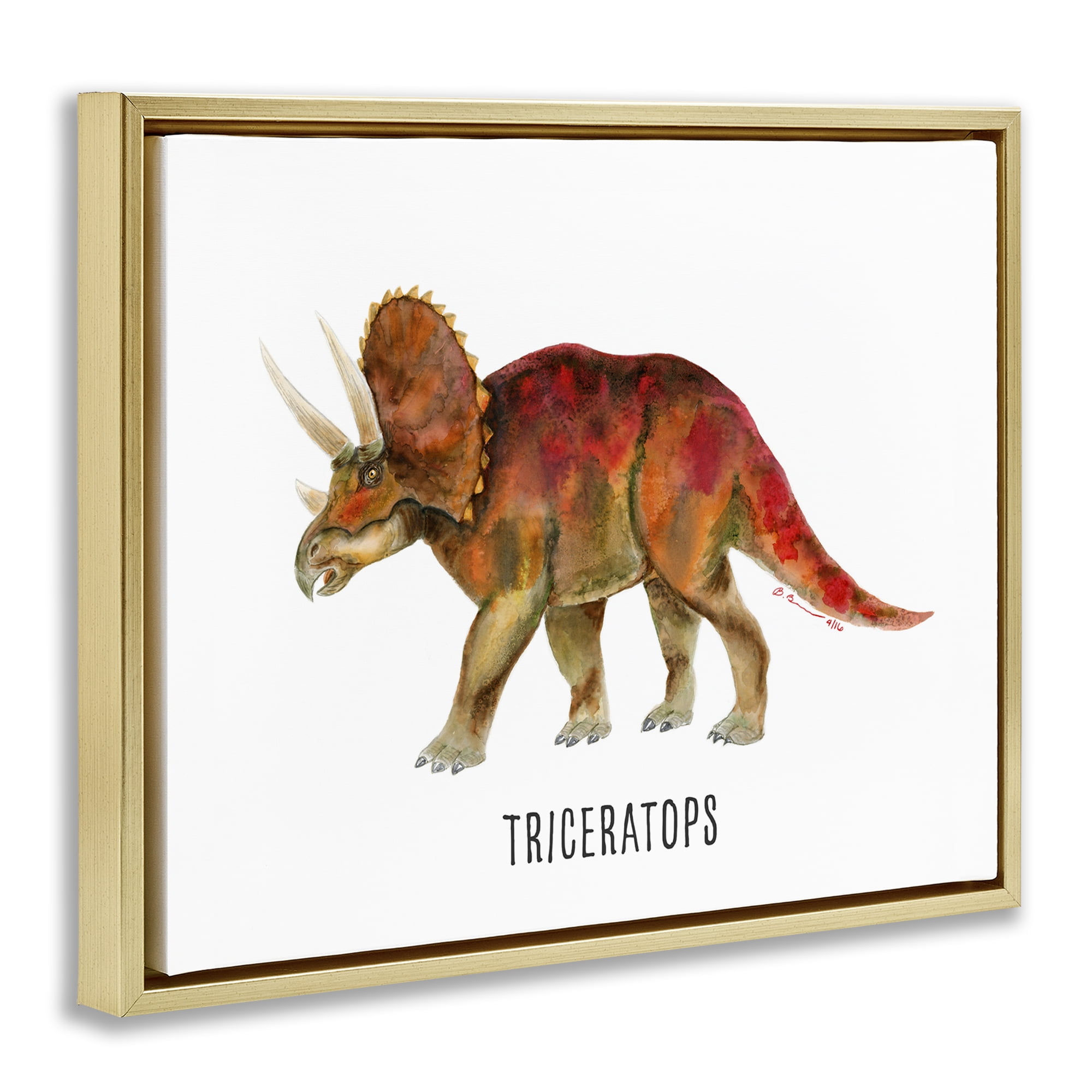 Stupell Industries Triceratops Dinosaur Learning Animals Painting Gold Floater Framed Canvas Art Print Wall Art, 31 x 25