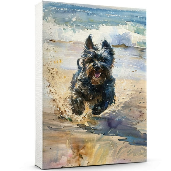 Funny Dog on Beach Canvas Wall Art, Skye Terrier Dog Picture Ocean Artwork for Bathroom Bedroom Living Room, Art Decor 8x12 Inches
