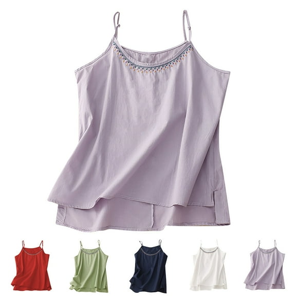 WRKEKC Womens Cami Tank Tops Solid Color Neck Embroidery Thin Strap Sleeveless Tank Top for Daily Styling Layering and Casual Looks
