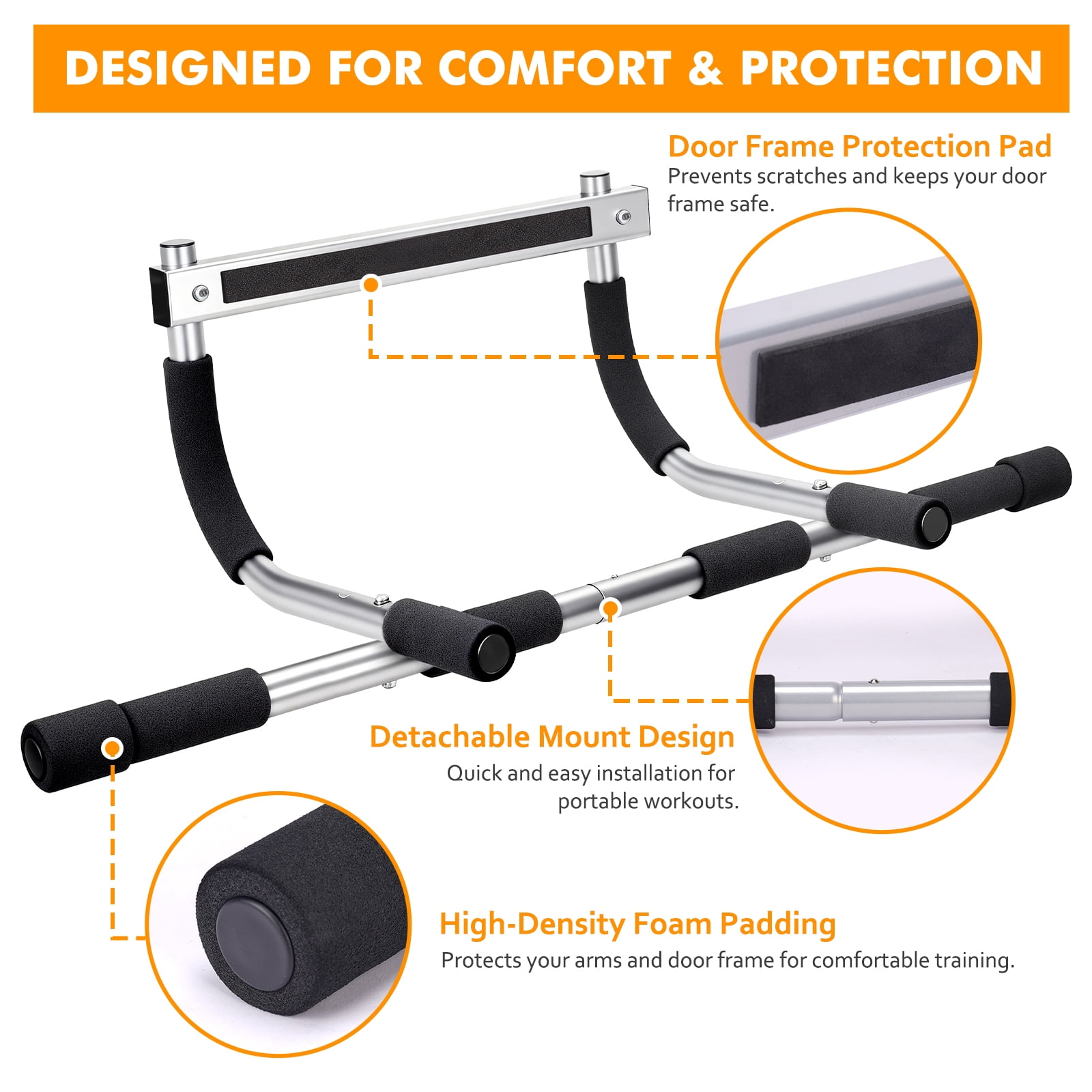 Doorway Pull Up Bar, 440 LB Max Heavy Duty Steel Chin-Up Bar, Secure No-Screw Door Frame Workout Bar for Home Gym