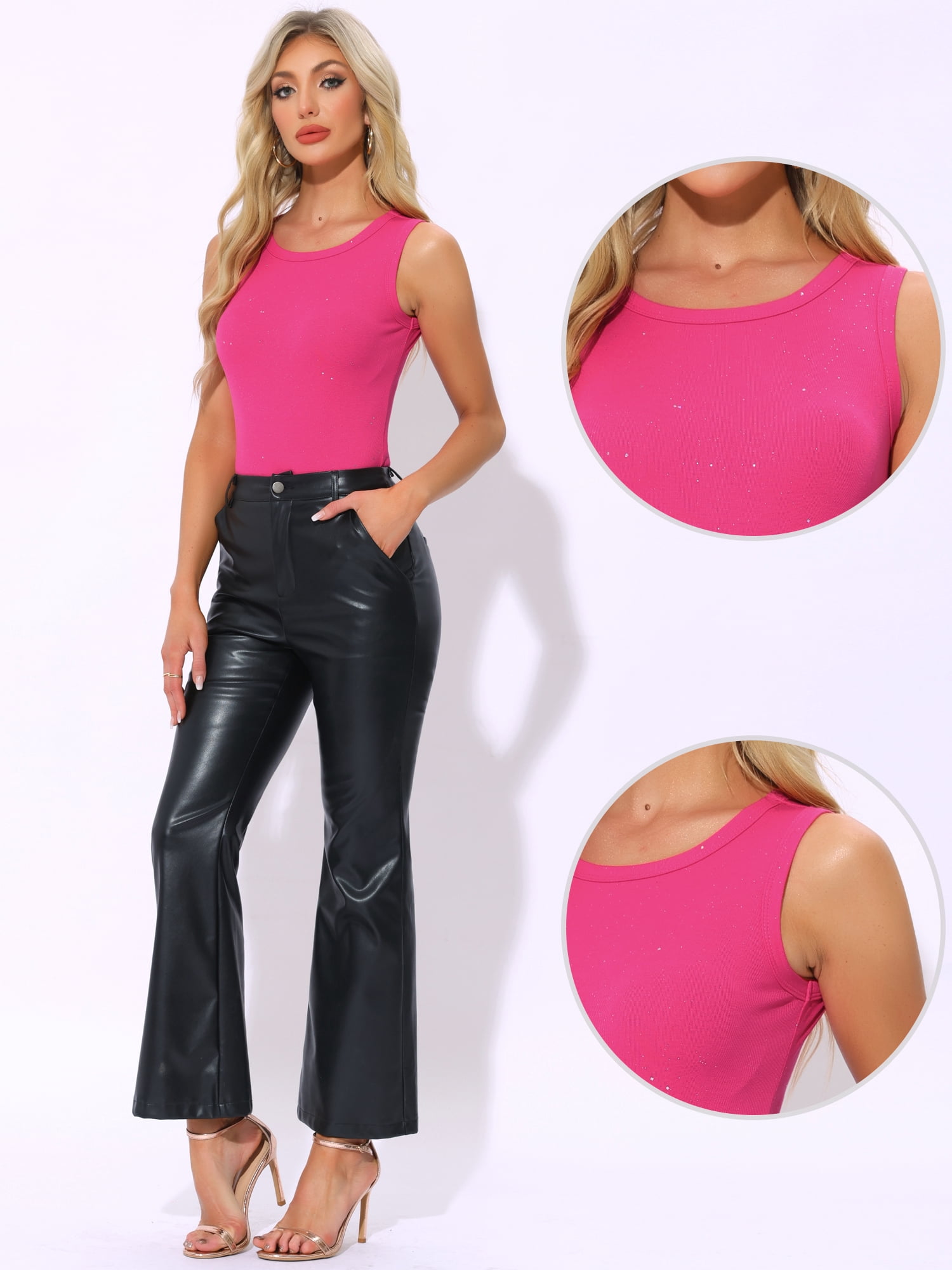 DARING DIVA Sleeveless Bodysuits Sparkly Crew Neck Top XS Hot Pink