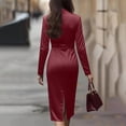 thumbnail image 4 of Women Satin Long Sleeve Dress - Tie Waist V Neck Silk Elegant Formal Cocktail Wedding Guest Bodycon Midi Dresses, 4 of 7