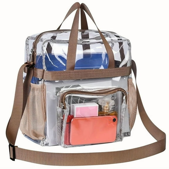 Clear Tote Bag Stadium Events Nylon Top Handle PVC Transparent Toiletry Large Shoulder Crossbody Travel Beach Concert(brown)