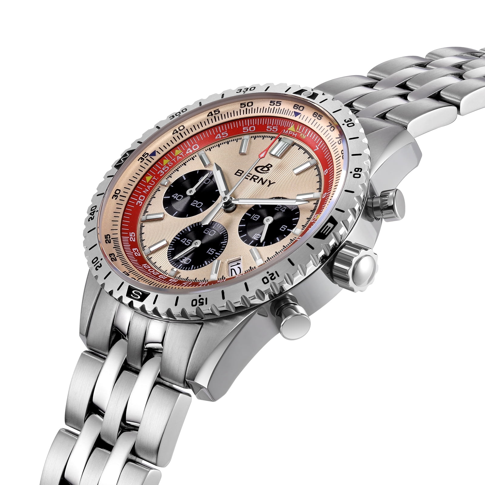 BERNY Silver Chronograph Watches for Men, Sport Luxury Analog Quartz Watch with Tachymeter, Stainless Steel, Waterproof, Luminous, Sapphire Crystal, Date Calender, Men's Wristwatch (Beige)