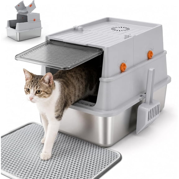 Stainless Steel Litter Box with Lid, Enclosed Cat Litter Box for Kittens and Small Cats, Odor Control, Easy to Clean, Includes Scoop & Litter Mat