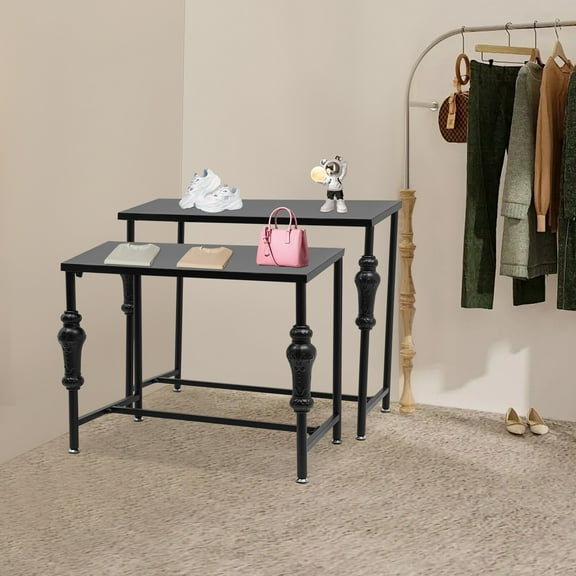 Industrial Retail Display Tables, Set of 2 Standing Clothing Shoes Display Rack Boutique Display Table Storage Shelves for Retail Store, Hotel, office. (Black)