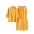 thumbnail image 4 of Women's Trousers Suit Women 2 Piece Cotton Linen Outfits Casual Loose 3/4 Sleeve Tops High Waist Wide Leg Pants Suit With Pockets,Yellow Women's Trousers Suit 5XL, 4 of 7