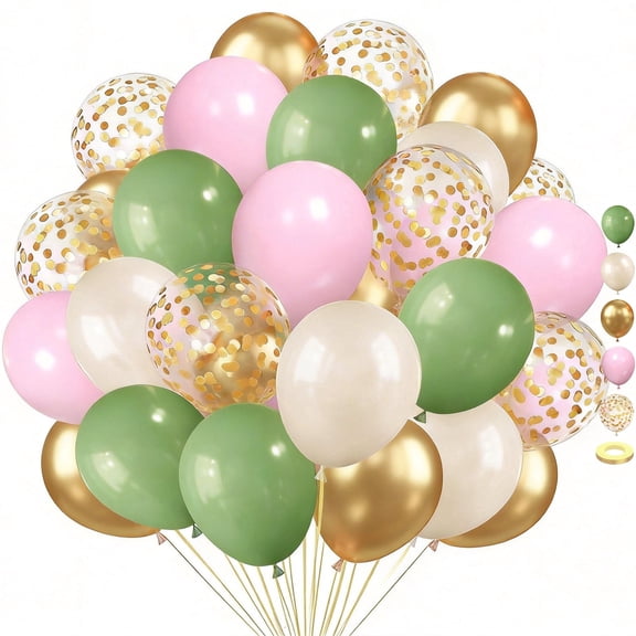 Sage Green Pink Balloons, 50pcs Olive Green Pastel Pink Sand White Metallic Gold Balloons with White Ribbon for Wedding Bridal Shower Birthday Party Decorations