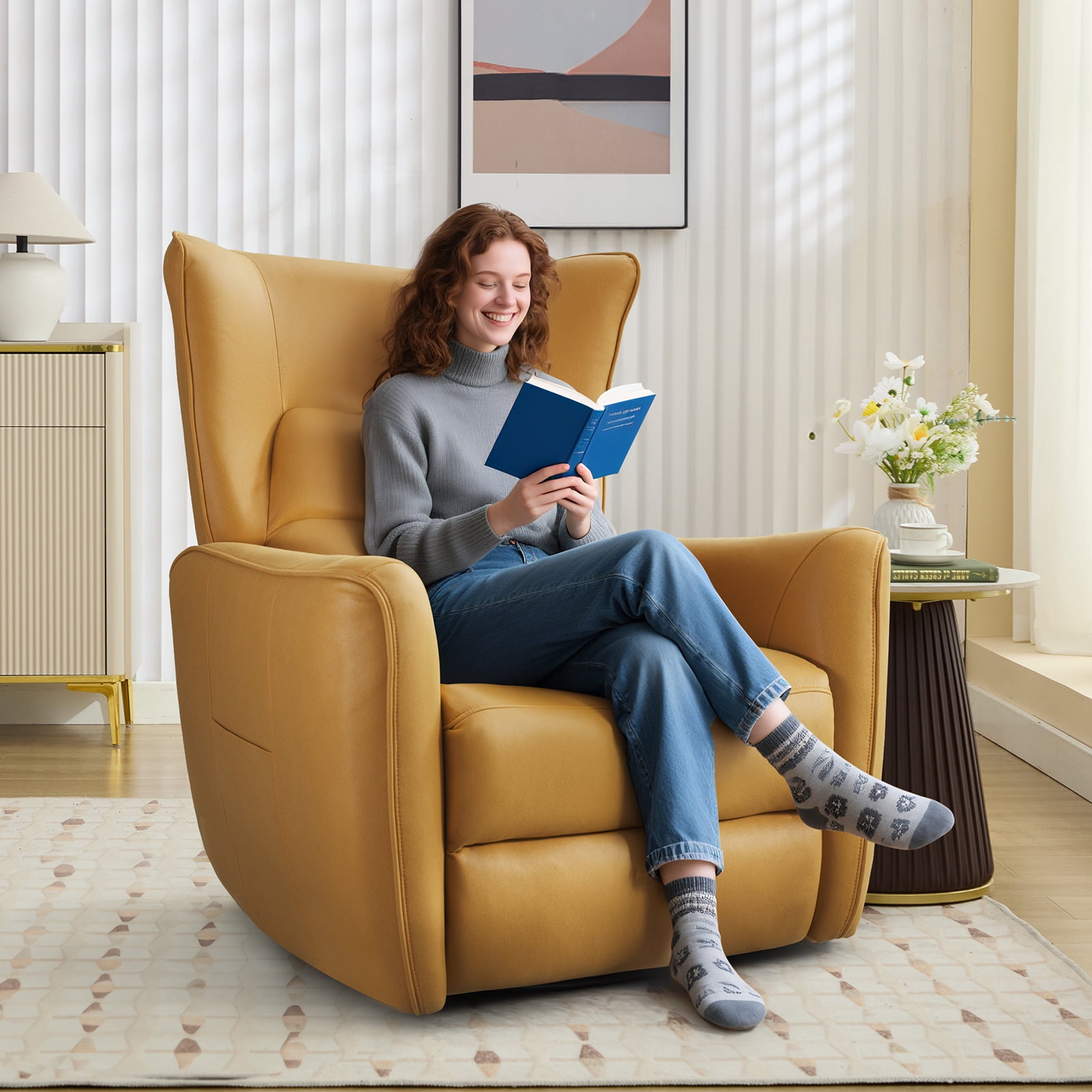 Bonzy Home Swivel Rocker Recliner Power Electric Recliners with Highly Enveloping Backrest Rocking Recliner Chair Leathaire Reclining Sofa for Living Room, Yellow