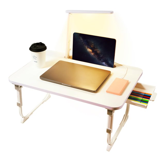 Laptop Desk for Bed Lap Desk with LED Desk Light, Adjustable Tablet Bed Table with Foldable Legs Storage Drawer, Breakfast Serving Tray Folding Laptop Stand Reading Holder for Sofa Couch Floor (WHITE)