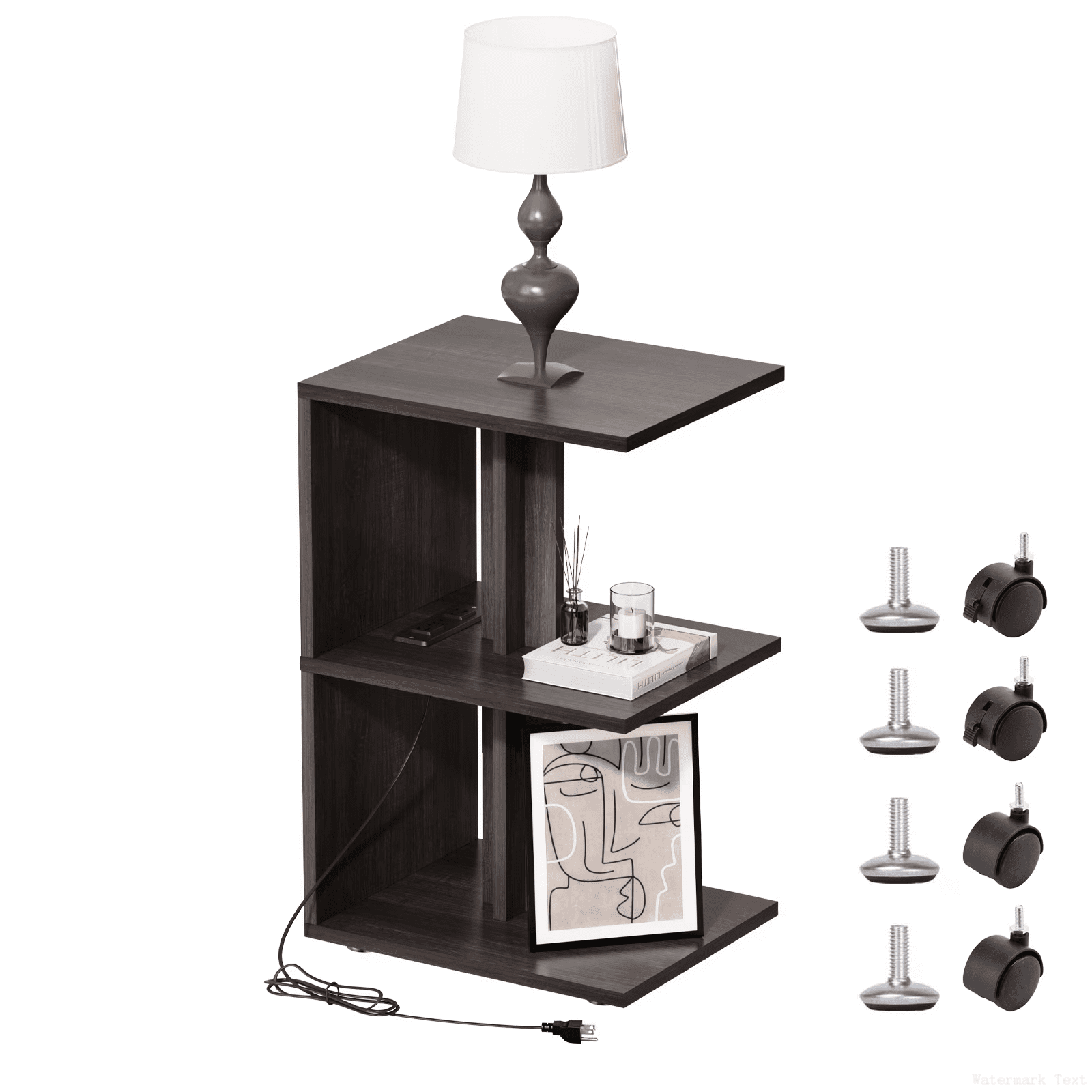 End Table with Charging Station 11.8x14.6x22.4 Inch 2 USB Ports 2 Outlets Mecanum Wheels for Living Room Bedroom