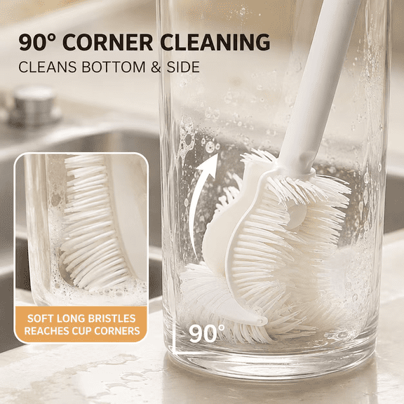 90 Degree Cup Cleaning Brush with Soft Long Bristles, Corner Cleaning Bottle Scrubber for Glasses, Mugs, Water Bottles and Kitchen Drinkware