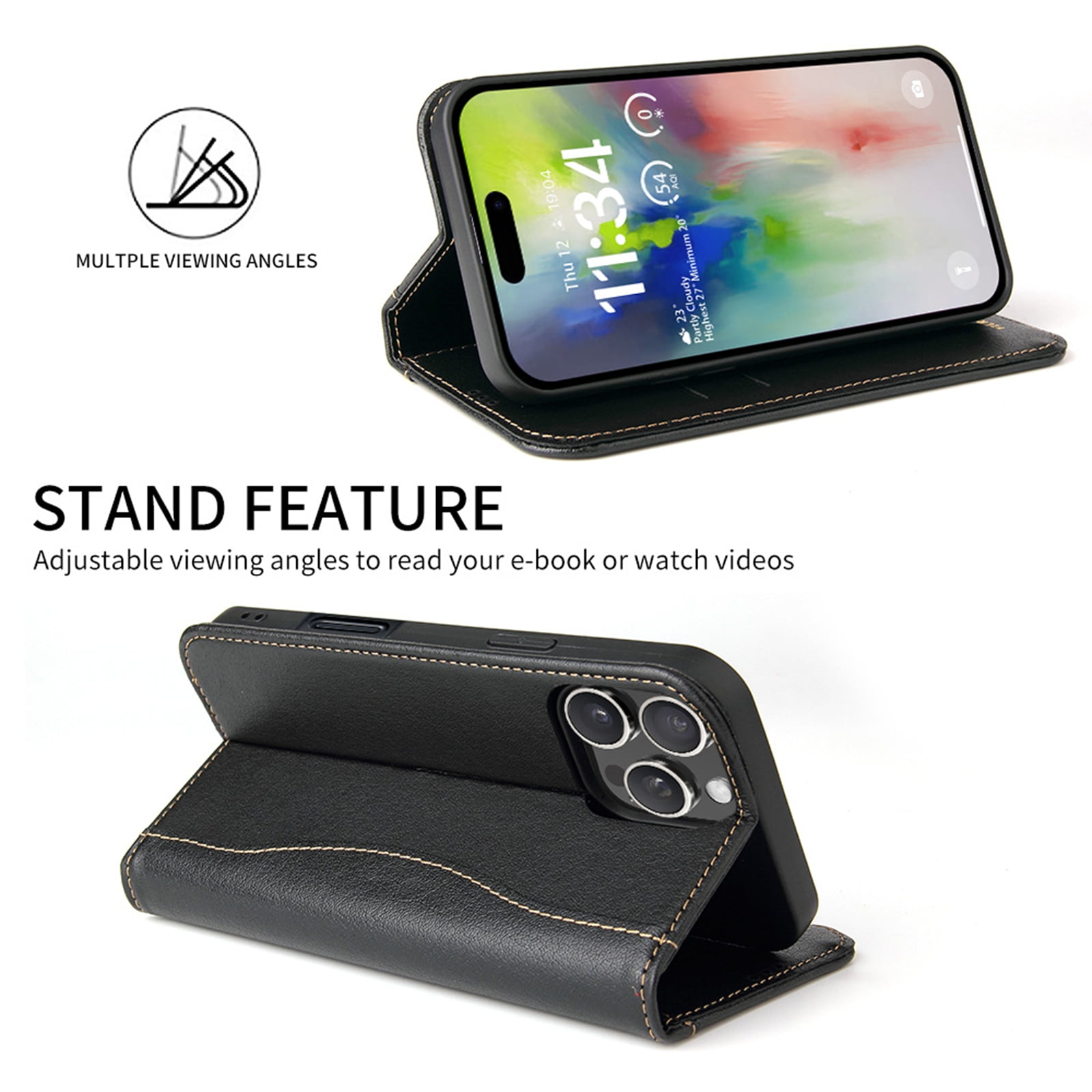 ShellTech for iPhone 16 Pro Leather Wallet Case,Luxury Genuine Vintage Leather [Slim and Durable] with Card Slot & Kickstand [Magnetic Closure] Flip Folio Case,Black