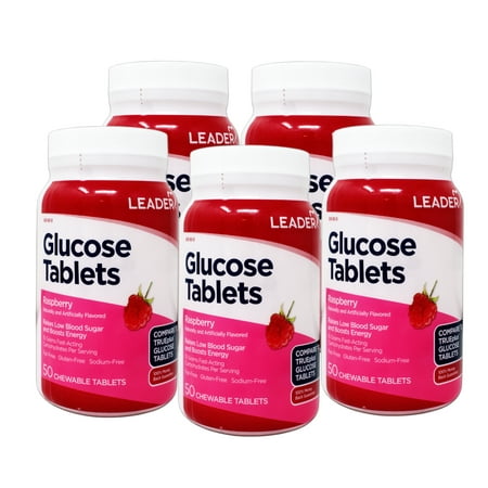 5 Pack - LEADER Glucose Tablets, Energy and Blood Sugar Support, Raspberry Flavor, 50 Chewable Tablets