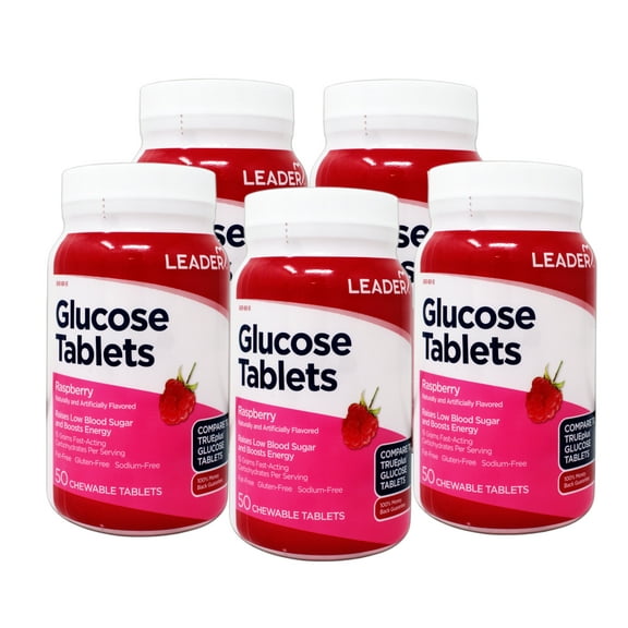 5 Pack - LEADER Glucose Tablets, Energy and Blood Sugar Support, Raspberry Flavor, 50 Chewable Tablets