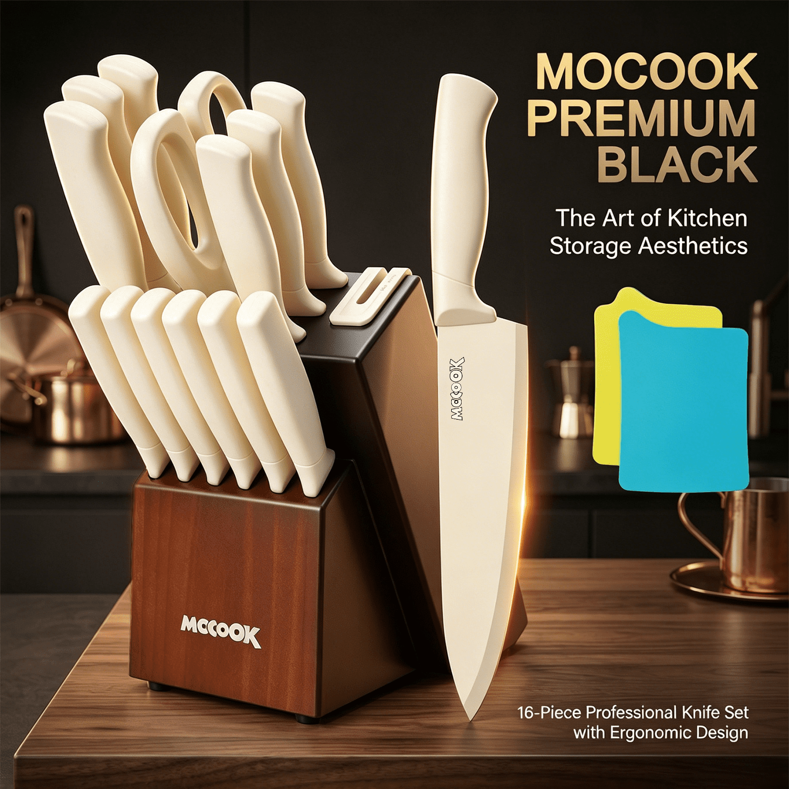 MoCook Kitchen Knife Set, 16 Pcs Knives Block Set with Built-in Sharpener, Healthy Anti-Rust Coating & German Stainless Steel Knife Set, Dishwasher Safe Beige