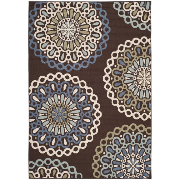 SAFAVIEH Veranda Axum Geometric Indoor/Outdoor Area Rug, 6'7" x 9'6", Chocolate/Blue