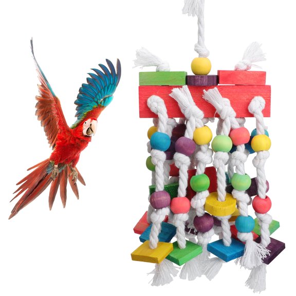 EEEkit Bird Toy, Colorful Wooden Beads Blocks, and Cotton Rope Toy for Climbing, Chewing, Unraveling