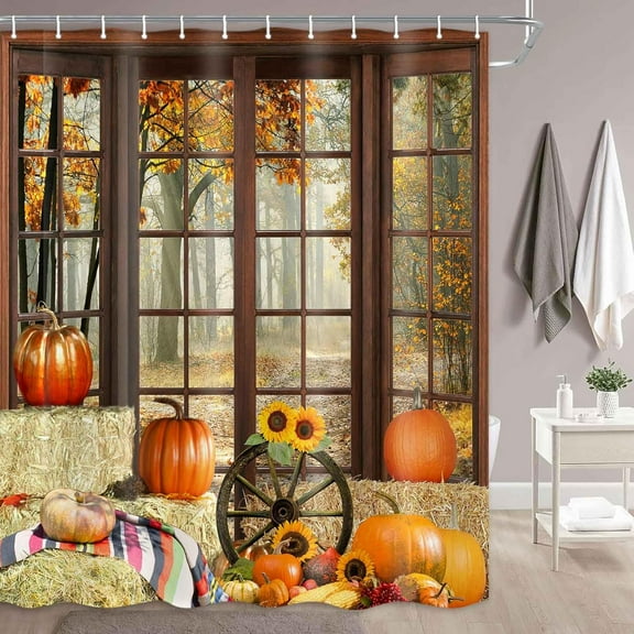 Autumn Farm Fall Shower Curtain, Fall Pumpkins Thanksgiving Sunflowers Harvest Shower Curtains, Nature Leaves Farmhouse Bathroom Curtain Set with 12 Hooks, 72X72in